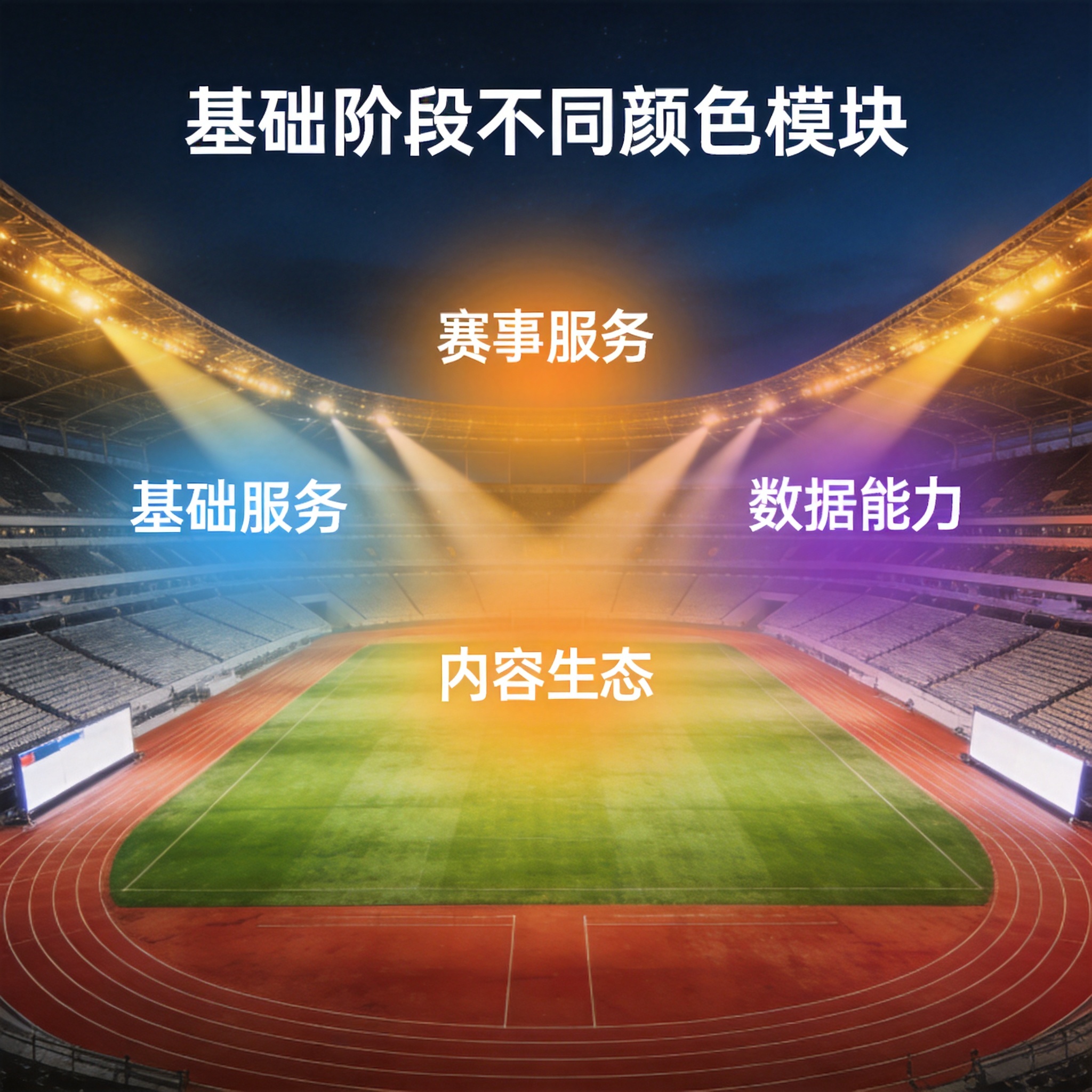 体育场内比赛开始前的场地布置与看台灯光，象征平台发展阶段节点